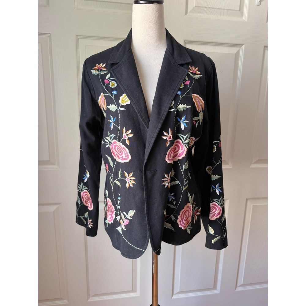 Soft Surroundings Floral Embroidered Blazer Women M Black Vintage 90s Boho Y2K